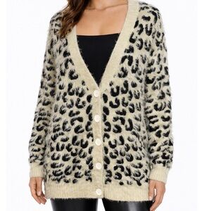 POL Snow Leopard Cheetah Eyelash Knit Cardigan Sweater Pockets L